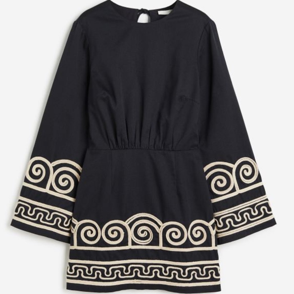H&M Embroidered Lyocell-blend Black Embroidered Longsleeve Mini Dress, XS